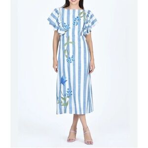 Fanm Mon Blue/White Embroidered Valeria Cotton Dress Size S Ruffle Cottagecore